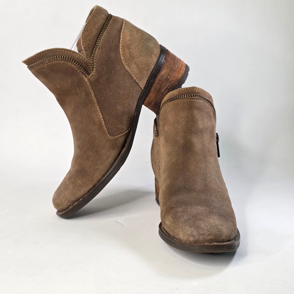 Born Kerri Ankle Boots Women's 6.5 EU 37 Brown Suede Dual Zip Stacked Heel Shoes